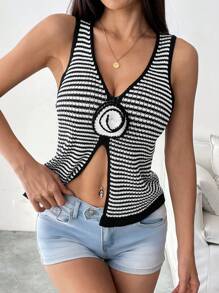 Chiquease Women Striped 3D Floral Decor Sleeveless Slit Knit Top