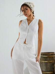 Athîral Top sans manches casual femme à boutons avec texture de couleur unie - Blanc - Voir 3