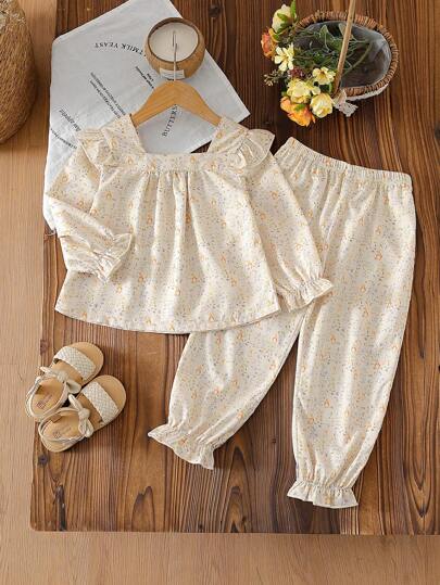 SHEIN Genç Kızlar İlkbahar/Sonbahar Ditsy Çiçekli Üst ve Eşleşen Uzun Pantolon 2 Parça Set, Pastoral Stil Desen, Basit Tasarım, Açık Hava Oyunları, Ev, Okul, Parti ve Diğer Durumlar İçin Uygun
