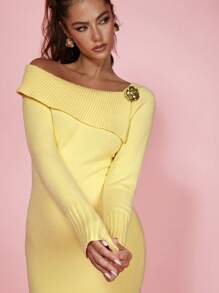 COSMINA Women's Elegant Modest Solid Color Asymmetrical Collar Fitted Sweater Dress