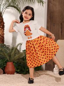 2 件套少女卡通印花圆领短袖上衣和褶皱蝴蝶印花裙 - 黃色 - 查看 4