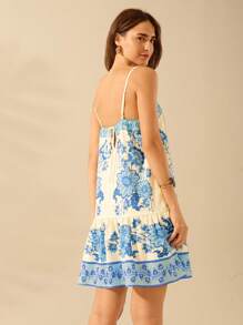 CAJUNI Women's Boho Tropical Floral Blue Print Spaghetti Strap Backless Short Casual Holiday Beach Summer Dress