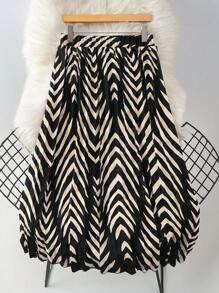 SHEIN LUNE Plus Size Casual Geometric Print Pleated Skirt Fall Cloth For Women - Black - View 2