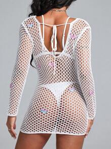 Swim SXY 女士音乐节性感3D蝴蝶装饰网纱罩衫，夏季海滩度假 - 白色 - 查看 2