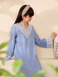 Holiday,Summer,Travel  Tween Girls Long Sleeve Gray-Blue Robe, Loose Fit Floral Embroidered Mesh Splice Dress, Suitable For School, Travel, Family Gathering, Holiday, Spring And Autumn