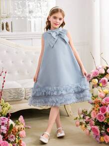 SHEIN Tween Girl 蝴蝶结领荷叶边无袖 A 字形欧根纱连衣裙