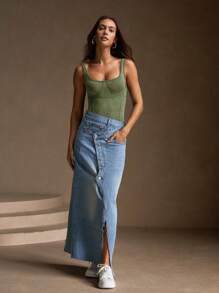 Anewsta Green Women's Fashionable Elegant Square Neck Knit Ribbed Casual T-Shirt Bodysuit, Suitable For Summer, Elegant, Casual, Beach, Vacation - Green - View 3