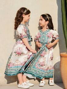 Young Girl Floral Print Tie Front Patchwork Short Sleeve Dress