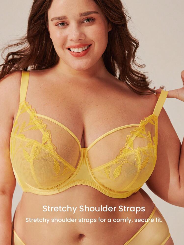 プラスサイズ 刺繍エレガンスランジェリーラウンジカーブフルカバレッジ通気性ノンパッド フローラルレース イエロー シアー ミニマイザー メッシュブラ