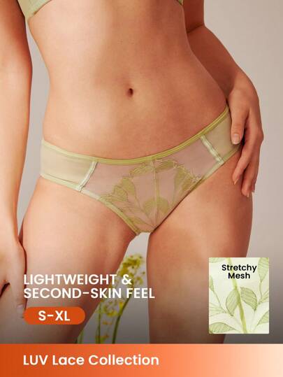 LUVLETTE 中腰绿色刺绣花卉基础蕾丝舒适透气内裤三角裤 - 性感内衣