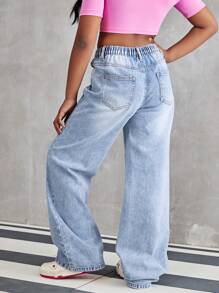 Tween Girl' Casual Fashionable Printed Washed Light Blue Denim Straight Leg Jeans - Light Wash - View 2