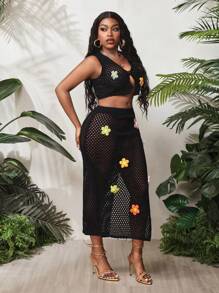 BamGleam 女款针织镂空花朵无袖开衫露腰长裙毛衣套装钩针2件套 - 黑色 - 查看 4