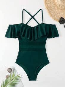 SHEIN Swim Đồ bơi một mảnh hở lưng màu trơn dành cho nữ, thích hợp cho kỳ nghỉ bãi biển - Màu xanh lá cây đậm - Xem 7