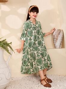 Tween Girl V-Neck Allover Print Casual Dress - Green - View 5