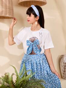 SHEIN 2 Stücke/Set Tween Mädchen Rundhals Kurzarm Grafik Muster lässiger Top und Rock Outfit - Blau - Übersicht 1