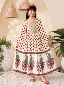 Tween Girls' Elegant Floral Print Dress - Multicolor - View 3