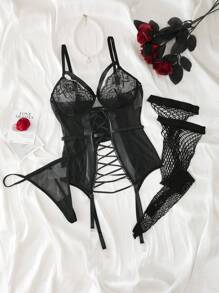 Empress Envy 3-Piece Set: Cross-Strap Shaping Lace Splicing Padded Underwire Bra, Panty, And Stockings, Sexy Women Lingerie