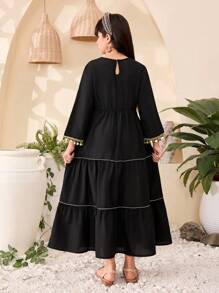Tween Girl' Solid Color Splice Round Neck Long Sleeve Casual Shift Dress - Black - View 2