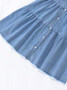 SHEIN 牛仔复古休闲都市学院风有领短袖牛仔连衣裙，适合少女 - 淺色水洗藍 - 查看 7