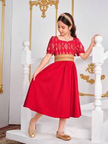 SHEIN Váy dài tay bồng trang trí sang trọng truyền thống màu đỏ vàng cho bé gái tuổi mới lớn - Đỏ - Xem 5