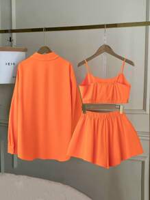 Franclia Bộ 3 món áo sơ mi dài tay rộng rãi màu cam thường ngày dành cho nữ cỡ lớn + áo ba lỗ + quần short - trái cam - Xem 2