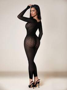 VaVaBold 1 件女士纯色长袖简约修身性感镂空连体裤 - 黑色 - 查看 2