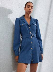 Aveloria Modichic Elegante y encantador vestido corto de mujer de manga larga con cuello redondo, cinturón de lino a rayas y mangas abullonadas para vacaciones