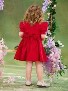 SHEIN Vestido de punto ajustado de manga gigot y cuello redondo de color liso para bebé niña