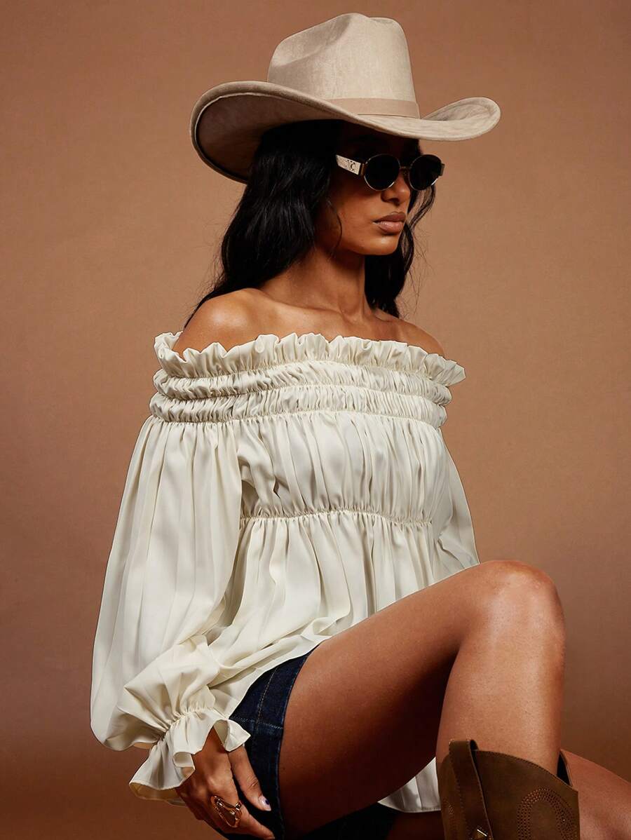 COSMINA Women's Elegant Resort Cream Ruched Off Shoulder Top, Spring/Summer - Cream - View 1