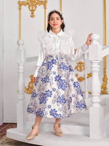 SHEIN 2pcs/Set Tween Girl Elegant Floral Ruffle Sleeve Blouse And Flared Skirt Set, Soft Satin & Organza - Multicolor - View 3