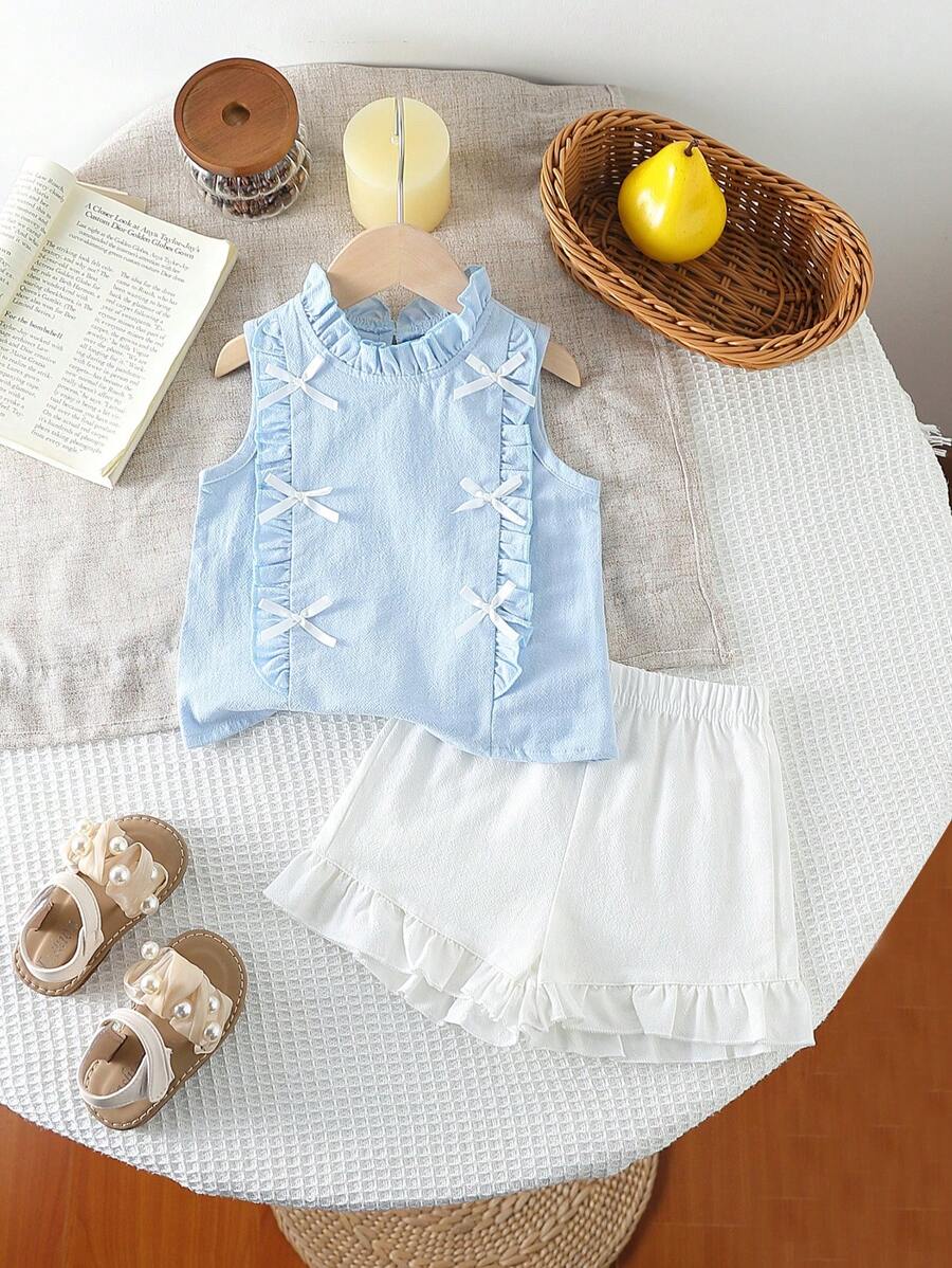 SHEIN Genkimix Kids Baby Girl New Spring/Summer Fashion Comfortable Casual Bow Suit Set, Soft Skin-Friendly Fabric For Daily Casual Wear, Indoor Or Outdoor - Multicolor - View 1