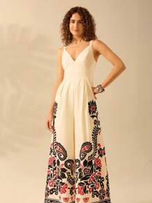 CAJUNI Women's Casual Vacation Tropical Print Cami Jumpsuits, Bohemian Summer Loose Wide Leg Rompers In Beige, Black, White Colors - Multicolor - View 3