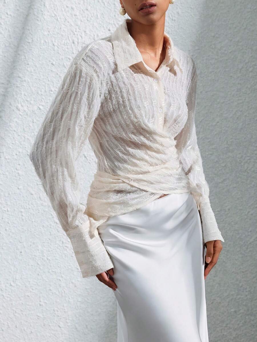 Aveloria Modichic Áo cánh tay dài họa tiết hoa jacquard cổ xếp lớp thiết kế thanh lịch cho nữ - Màu be - Xem 1