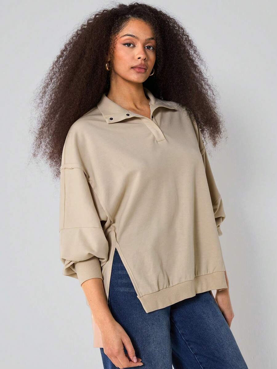 Athîral Lose sitzende Damen Sweatshirts mit kurzem Vorderteil, langem Rückteil und freiliegenden Nähten