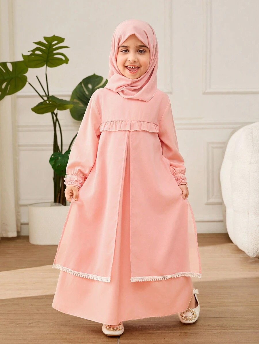 Young Girl Layered Ruffle Trim Long Sleeve Dress With Headscarf - Pink - View 1