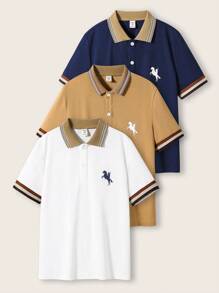 SHEIN Leap Crew Tween Boy 宽松休闲短袖 Polo 衫 3 件套、夏季上衣、短裤、长裤、白色上衣 - 彩色 - 查看 2