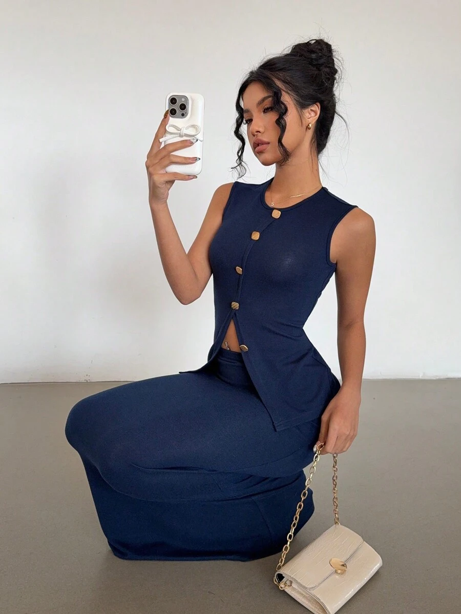 Rafferiza 2 件时尚套装：无袖单排扣短款上衣 + 高腰修身及踝长连衣裙，女士时尚套装