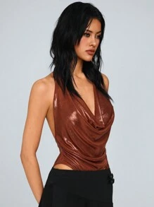 TRNVIE Women's Comfortable Metallic Shine Music Festival Spaghetti Strap Bodysuit, Brown, Spring/Summer