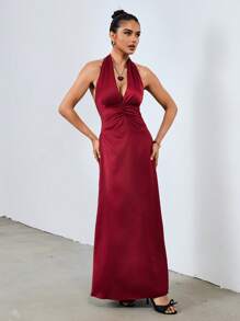 Chiquease Satijnen strik open rug jurk - Bordeaux - Bekijken 5