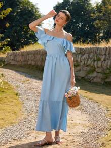 Aveloria Rosie Französisches elegantes Resort Sexy Spaghetti-Träger Off-Shoulder Kleid mit Rüschensaum, Bogen-Volants und Jacquard-Stoff, figurbetonter Schnitt für Damen