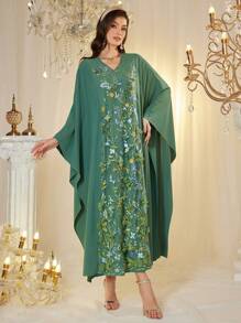 Al Najma Floral Embroidery Panel Robe, Romantic Party Gown - Green - View 4