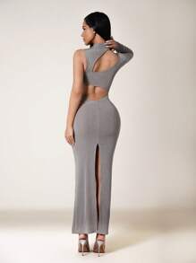 Zolique Sexy One Shoulder Long Sleeve High Neck Hollow Out Back High Slit Women Dress - Apricot - View 2