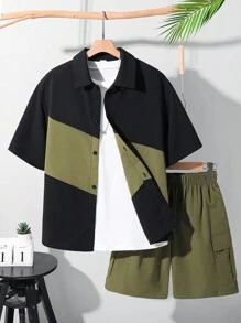 SHEIN Leap Crew 2pcs/Set Teen Boy Summer Casual Holiday Patchwork Collar Top Short Sleeve Shirt And Loose Elastic Waist Shorts Set, For Commuting, School, Daily, Holiday, Sports, Spring/Summer/Autumn/Winter Seasons - Black - View 4