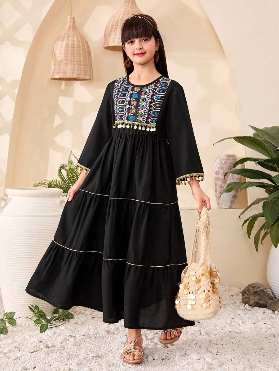 Tween Girl' Solid Color Splice Round Neck Long Sleeve Casual Shift Dress - Black - View 1