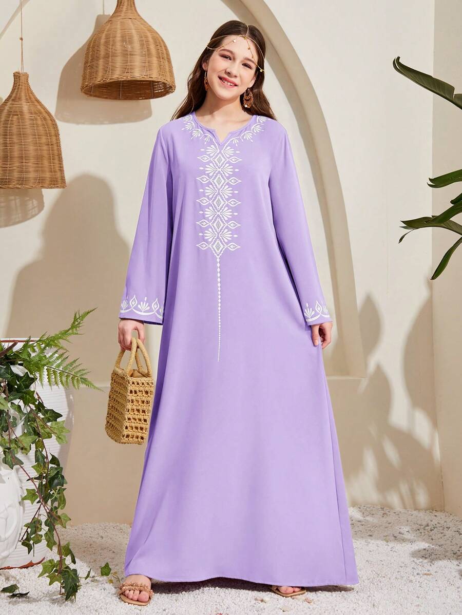 SHEIN 少女印花长款连衣裙 - 淡紫色 - 查看 1