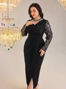 Modelyn Plus Size Elegant Party Sequin & Mesh Splice Wrap Dress - Navy Blue - View 5