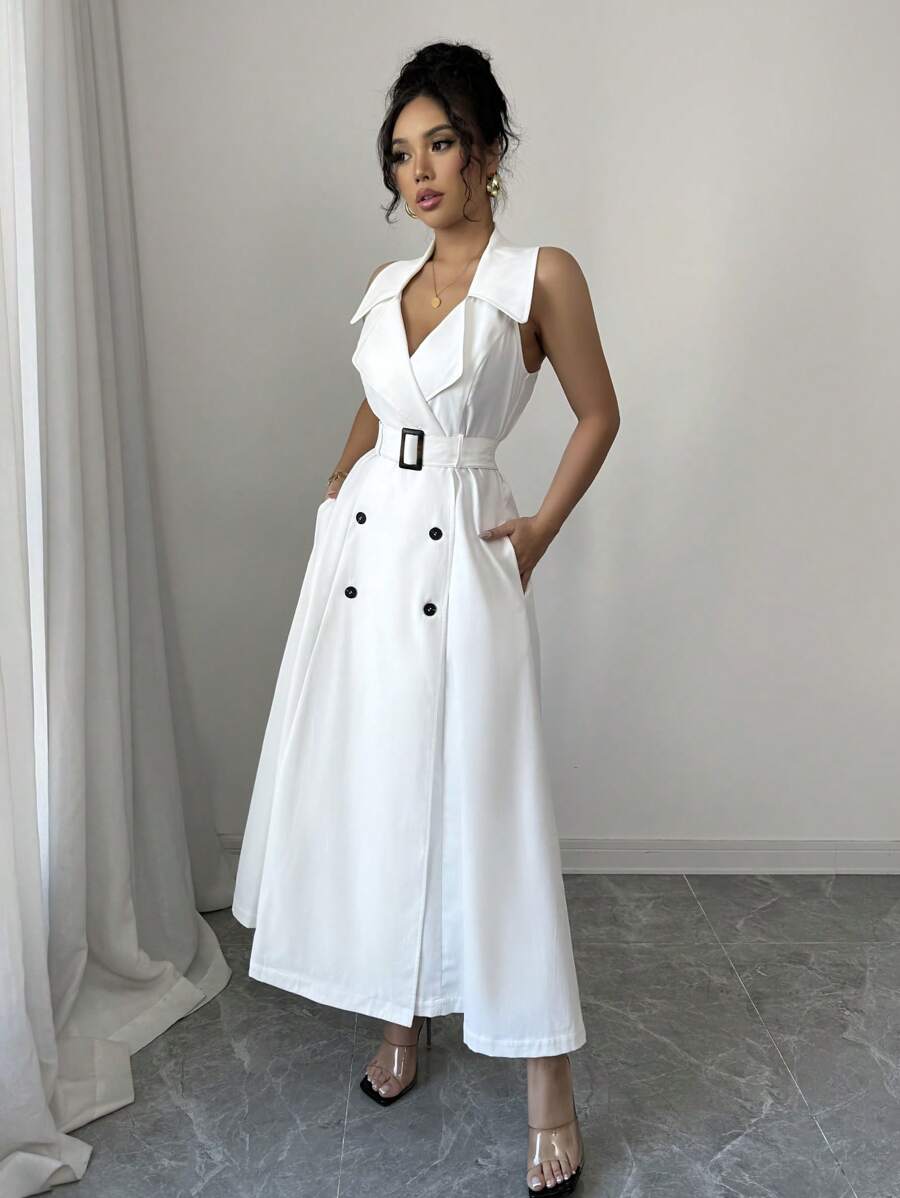 Elenzga Women's Elegant French Style Casual/Vacation/Commute Solid Color Notched Collar, Double-Breasted, Cinched Waist Long Dress, Sleeveless, A-Line, Spring/Summer