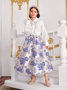 SHEIN 2pcs/Set Tween Girl Elegant Floral Ruffle Sleeve Blouse And Flared Skirt Set, Soft Satin & Organza - Multicolor - View 4