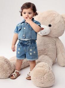 Set 2 Potong Denimly Baby Girls Fashion Motif Bunga Lucu Pinggang Elastis Dekorasi Pita Denim Cuci - Medium Wash - View 5