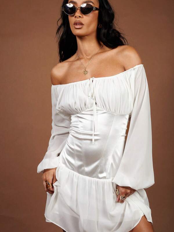 COSMINA Vestido corto de mujer elegante de unicolor con hombros descubiertos y mangas farol